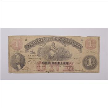 Rare - 1860's Virginia TREASURY Note - $1.00 Hand Signed - Over 150 Years Old