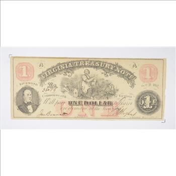Rare - 1860's Virginia TREASURY Note - $1.00 Hand Signed - Over 150 Years Old