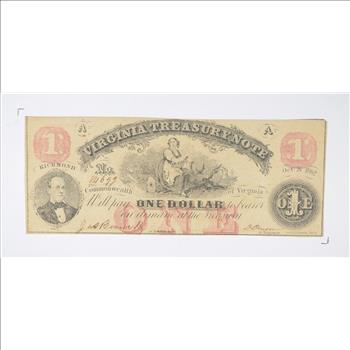 Rare - 1860's Virginia TREASURY Note - $1.00 Hand Signed - Over 150 Years Old