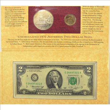 Rare Matte Finish Nickel! - The Thomas Jefferson Coinage And Currency Set - Including Silver Dollar, Nickel, And $2 Bill