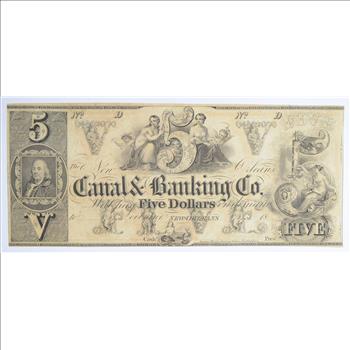 RARE - Obsolete Currency 1800s The New Orleans Canal & Banking Co. $5.00 Very Historic!