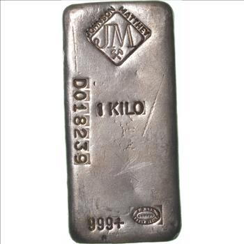 Rare Silver 1 Kilo Johnson Matthey Silver Bar .999 Fine Silver