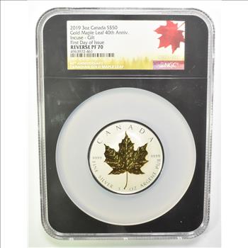 REV PF30 2019 Canada 50 Dollars - 3 Oz. .999 Fine Silver - Gold Maple Leaf 40th Anniversary - Incuse - Gilt - FDOI Of Issue NGC