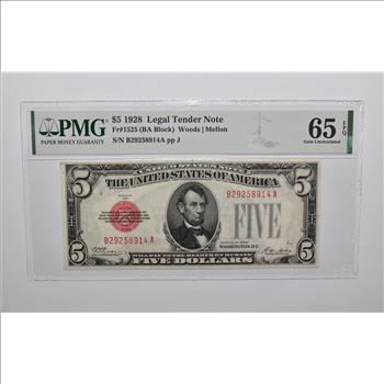 SAME PMG 65 EPQ $5 1928 US Legal Tender Note FR#1525 (BA Block) Red Seal