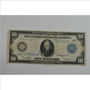 Series 1914 $10 Dollar Large Federal Reserve Note, Blue Seal--White/Mellon