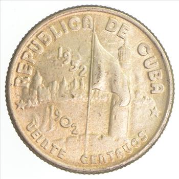 Silver 1952 Cuba 20 Centavos - Cuban Independence Commemorative