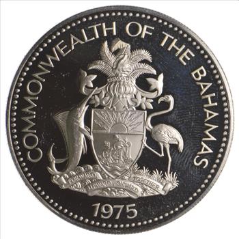 SILVER - HUGE - 1975 The Bahamas 5 Dollars - World Silver Coin