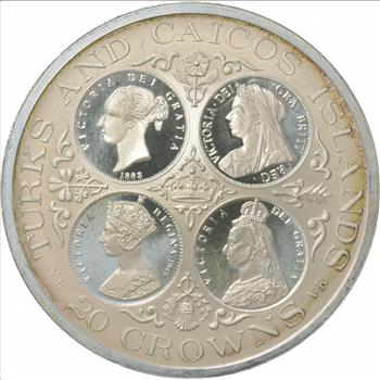 SILVER - HUGE - 1976 Turks And Caicos Islands 20 Crowns - World Silver Coin