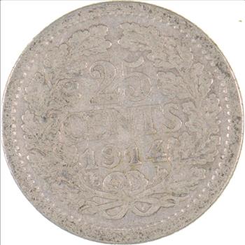 SILVER - Roughly the Size of a Dime - 1914 Netherlands 25 Cents - World Silver Coin