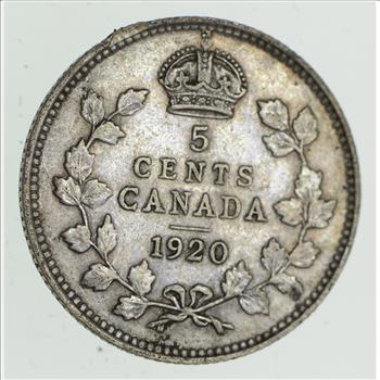 SILVER - Roughly the Size of a Dime - 1920 Canada 5 Cents - World Silver Coin