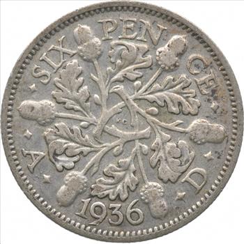 SILVER - Roughly the Size of a Dime - 1936 Great Britain 6 Pence - World Silver Coin