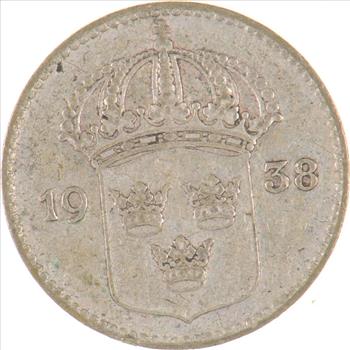 SILVER - Roughly the Size of a Dime - 1938 Sweden 10 Ore - World Silver Coin