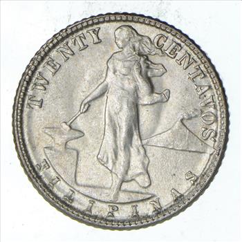 SILVER - Roughly the Size of a Nickel - 1915 Philippines 20 Centavos - World Silver Coin