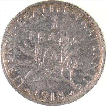 SILVER - Roughly the Size of a Quarter - 1918 France 1 Franc - World Silver Coin