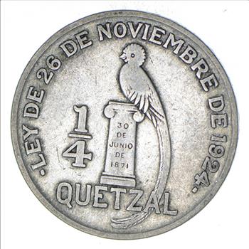 SILVER - Roughly the Size of a Quarter 1926 Guatemala 1/4 Quetzal - World Silver Coin 8.2 Grams