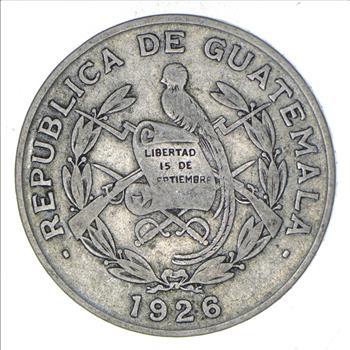 SILVER - Roughly the Size of a Quarter 1926 Guatemala 1/4 Quetzal - World Silver Coin 8.2 Grams