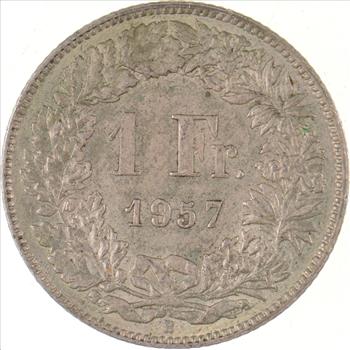 SILVER - Roughly the Size of a Quarter - 1957 Switzerland 1 Franc - World Silver Coin