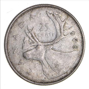 SILVER - Roughly the Size of a Quarter 1968 Canada 25 Cents - World Silver Coin