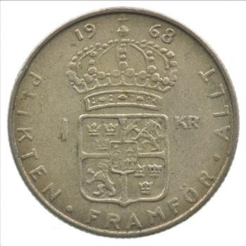 SILVER - Roughly the Size of a Quarter - 1968 Sweden 1 Krona - World Silver Coin