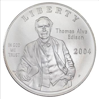 SILVER Unc 2004-P Thomas Edison / Light Bulb 125th Anniversary - Commemorative US Silver Dollar In Original Cap 90% $1.00 Coin