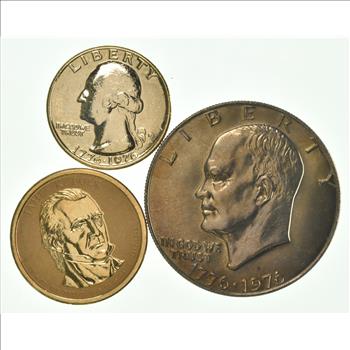 Solid 24K GOLD Plated 1976-D Washington Bicentennial Dollar 2007 Polk Presidential Dollar 1976 Eisenhower Bicentennial Dollar
