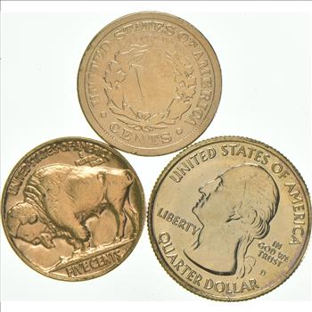Solid 24K GOLD Plated Lot 1907 Liberty V Nickel 1936 Indian Head Buffalo Nickel 2010-D Grand Canyon ATB Quarter