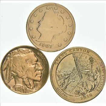 Solid 24K GOLD Plated Lot 1907 Liberty V Nickel 1936 Indian Head Buffalo Nickel 2010-D Grand Canyon ATB Quarter