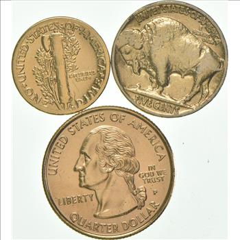 Solid 24K GOLD Plated Lot 1937 Mercury Dime 1937 Indian Head Buffalo Nickel 1999-P Georgia State Quarter