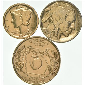 Solid 24K GOLD Plated Lot 1937 Mercury Dime 1937 Indian Head Buffalo Nickel 1999-P Georgia State Quarter
