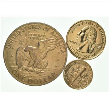 Solid 24K GOLD Plated Lot 1972 Eisenhower Dollar 2006 South Dakota State Quarter 2000 Roosevelt Dime