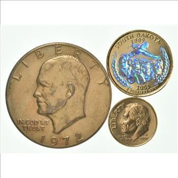 Solid 24K GOLD Plated Lot 1972 Eisenhower Dollar 2006 South Dakota State Quarter 2000 Roosevelt Dime