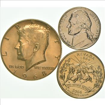 Solid 24K GOLD Plated Lot 1999-P Jefferson Nickel 1968-D Kennedy Half Dollar 2006-P Nevada State Quarter