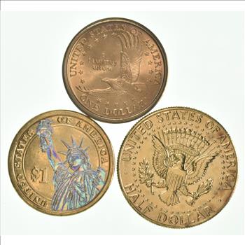 Solid 24K GOLD Plated Lot 2000-S Sacagawea Dollar 2007 George Washington Presidential Dollar 1964 Kennedy Half Dollar