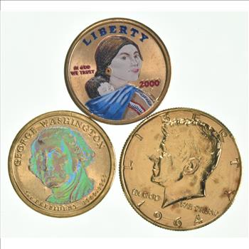Solid 24K GOLD Plated Lot 2000-S Sacagawea Dollar 2007 George Washington Presidential Dollar 1964 Kennedy Half Dollar