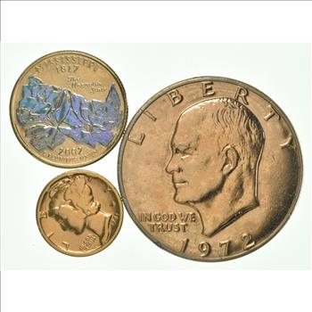 Solid 24K GOLD Plated Lot 2002-D Mississippi State Quarter 1943 Mercury Dime 1972 Eisenhower Dollar