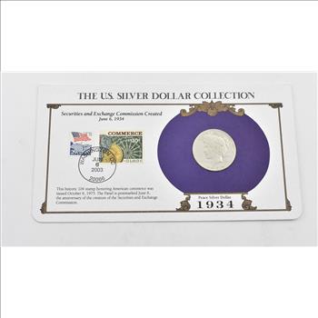 Stunning 1934 Peace Silver Dollar Mounted w/ Display Cover