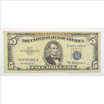 Treasurer - Priest - 1953 $5.00 Silver Certificate US Note - Historic Silver On Demand Note