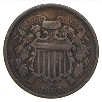 TWO CENT - 1867 US TWO 2 Cent Piece - First Coin with In God We Trust Motto