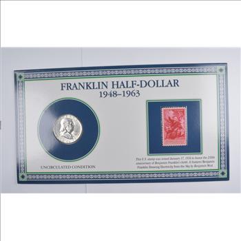 Uncirculated 1965 Franklin Half Dollar With Commemorative Stamp - Beatuifully Displayed w/Story Board!