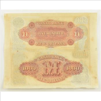 Uncut Sheet 1800's $500, $1000 Canal Bank New Orleans Notes