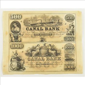 Uncut Sheet 1800's $500, $1000 Canal Bank New Orleans Notes