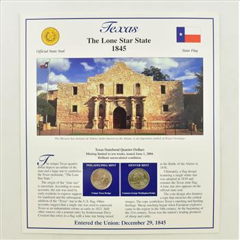 US Stamp & 2 CoinState Quarter Beautifully Displayed Coin Set Story Board