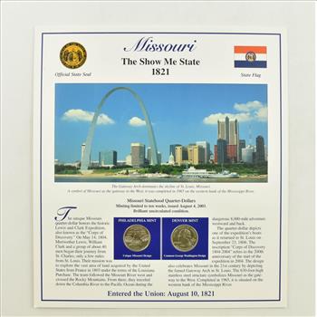 US Stamp & 2 CoinState Quarter Beautifully Displayed Coin Set Story Board