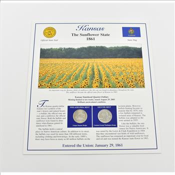 US Stamp & 2 CoinState Quarter Beautifully Displayed Coin Set Story Board