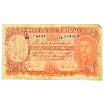 World War II Era Short Snorter Signed Australia Ten Shillings Note