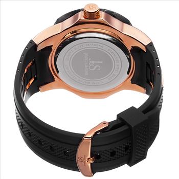 Joshua & Sons Men's black rubber strap watch with rose inserts. Black case and bezel, black dial with date at 6. (updated JS50)