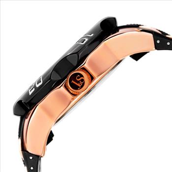 Joshua & Sons Men's black rubber strap watch with rose inserts. Black case and bezel, black dial with date at 6. (updated JS50)