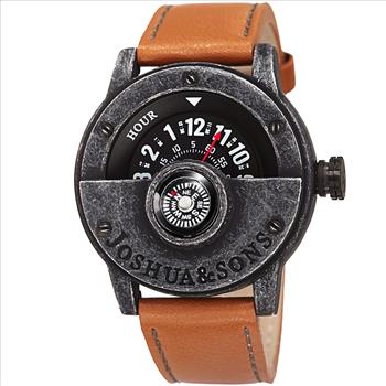 Joshua & Sons Men's brown strap watch with a compass. Black antique case, face plate and decorative screws on the bezel.
