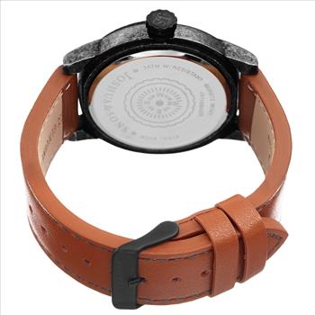 Joshua & Sons Men's brown strap watch with a compass. Black antique case, face plate and decorative screws on the bezel.
