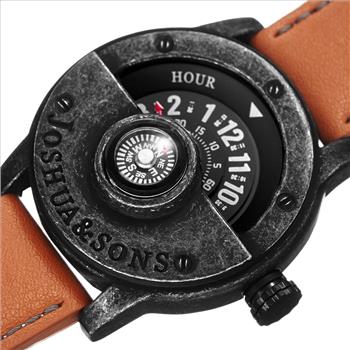 Joshua & Sons Men's brown strap watch with a compass. Black antique case, face plate and decorative screws on the bezel.
